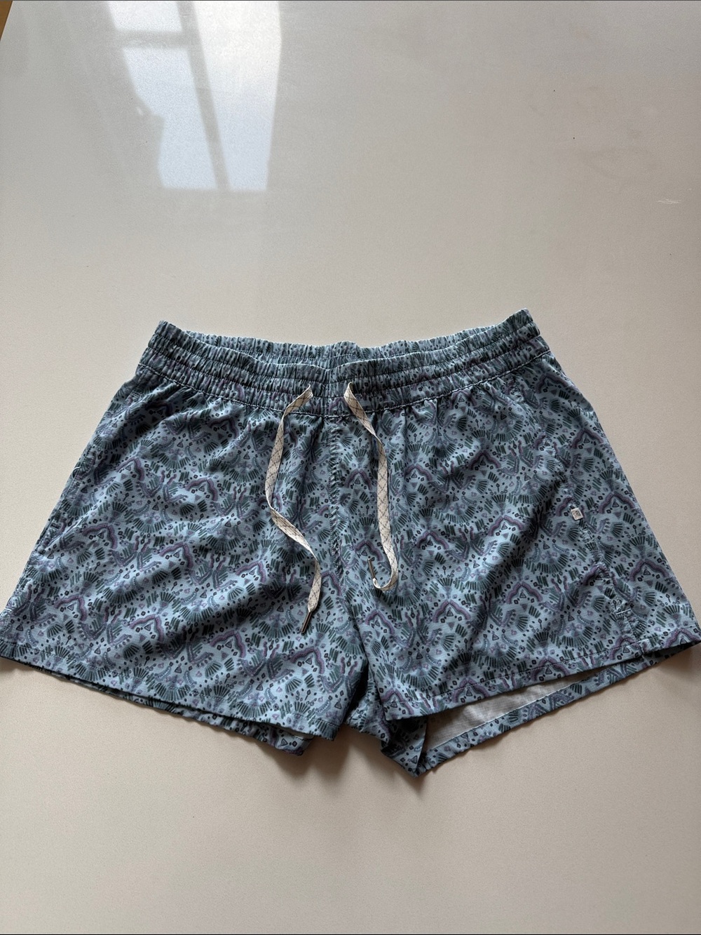 Marika Light Blue Patterned Bohemian Geometric Print Athletic Shorts, Pockets